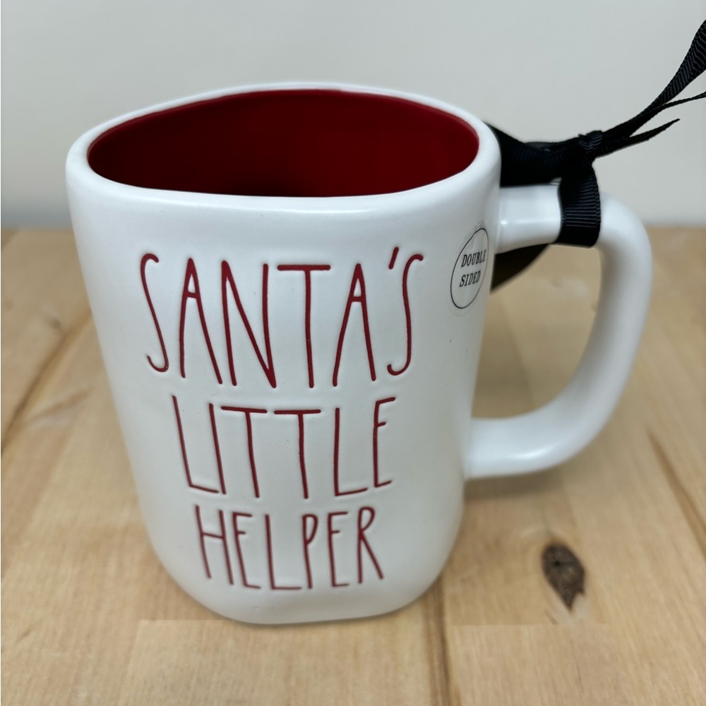 Rae Dunn Christmas SANTAS LITTLE HELPER Mug Double Sided with Elf Hat Red Inside